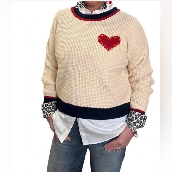 CENTRAL PARK WEST love heart waffle crew neck graphic embroidered sweater - Picture 1 of 9